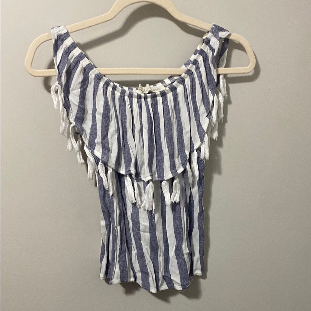 Vintage Havana Blue and White Ruffled Asymmetrical Blouse